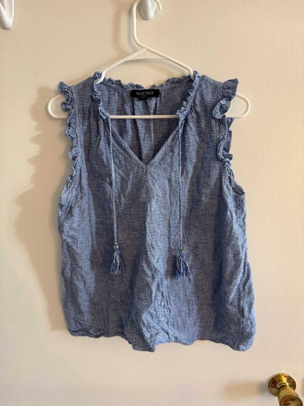 Ellen Tracy Blue Gingham Ruffle Tie-Front Camisole